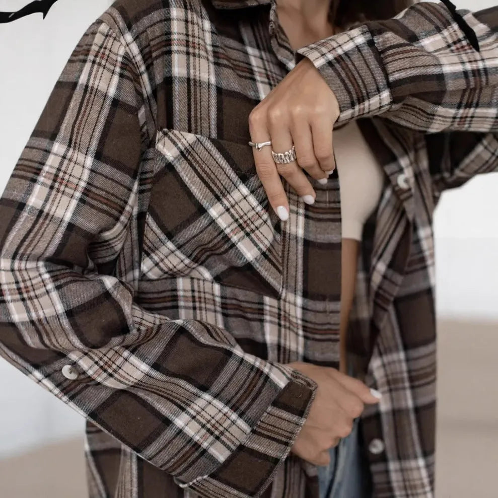 Dark brown retro striped women's long sleeve shirt with a collar and button-up front.