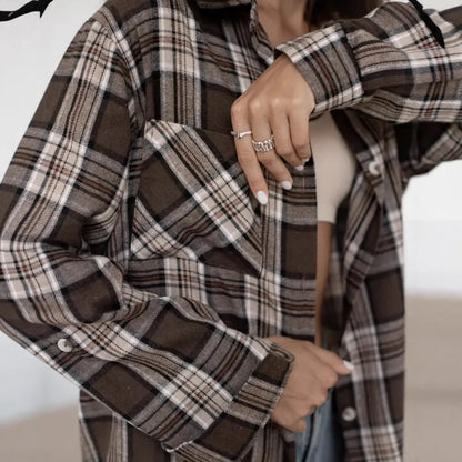 Dark brown retro striped women's long sleeve shirt with a collar and button-up front.