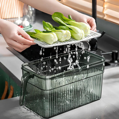 Green plastic food storage box with airtight lid for refrigerator organisation