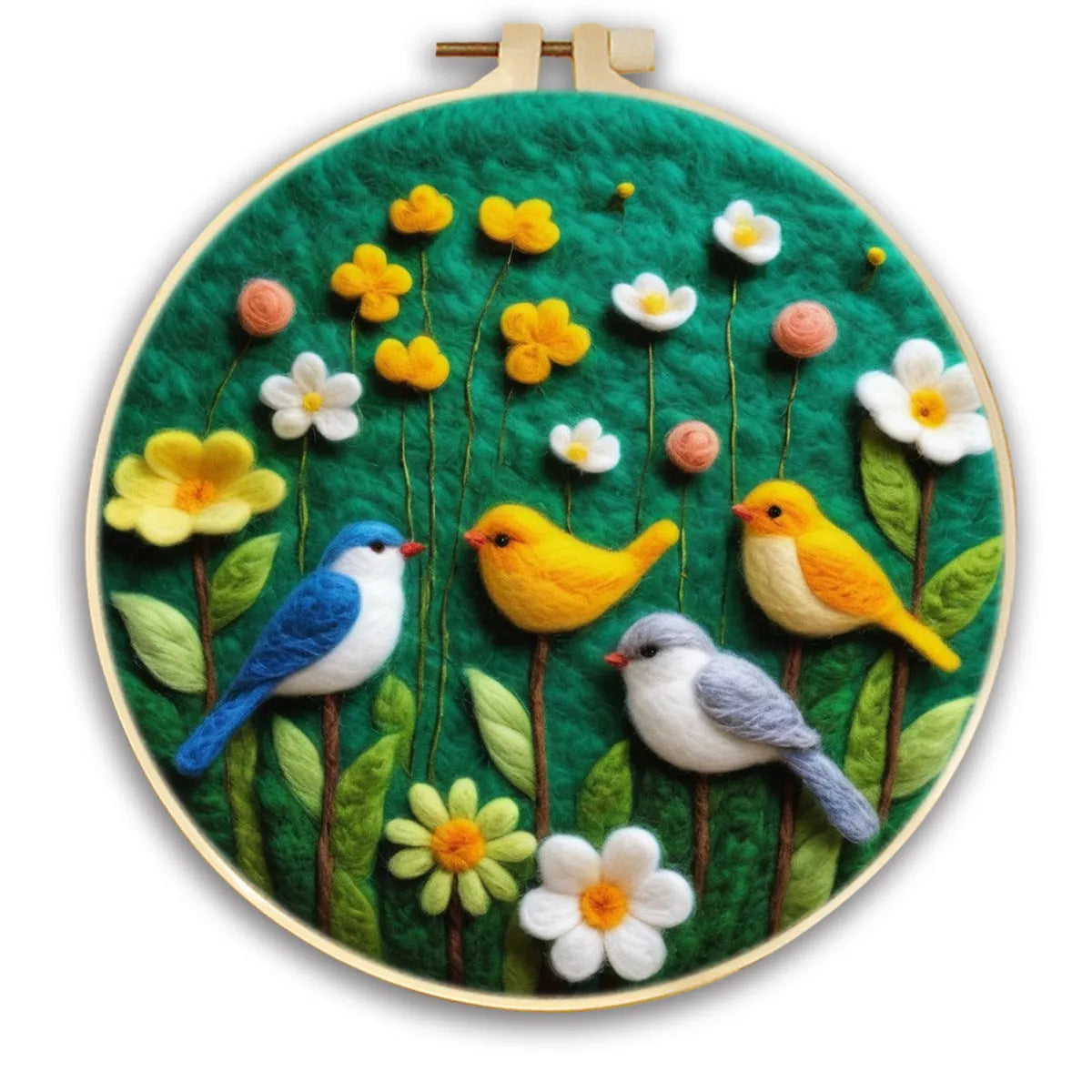 Round fabric embroidery kit with 20x20cm linen frame and wool felt for three-dimensional floral artwork