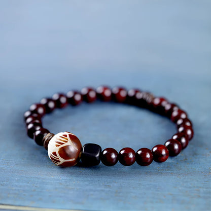 Natural rosewood double-ring bracelet with hand-knitted construction and retro floral design