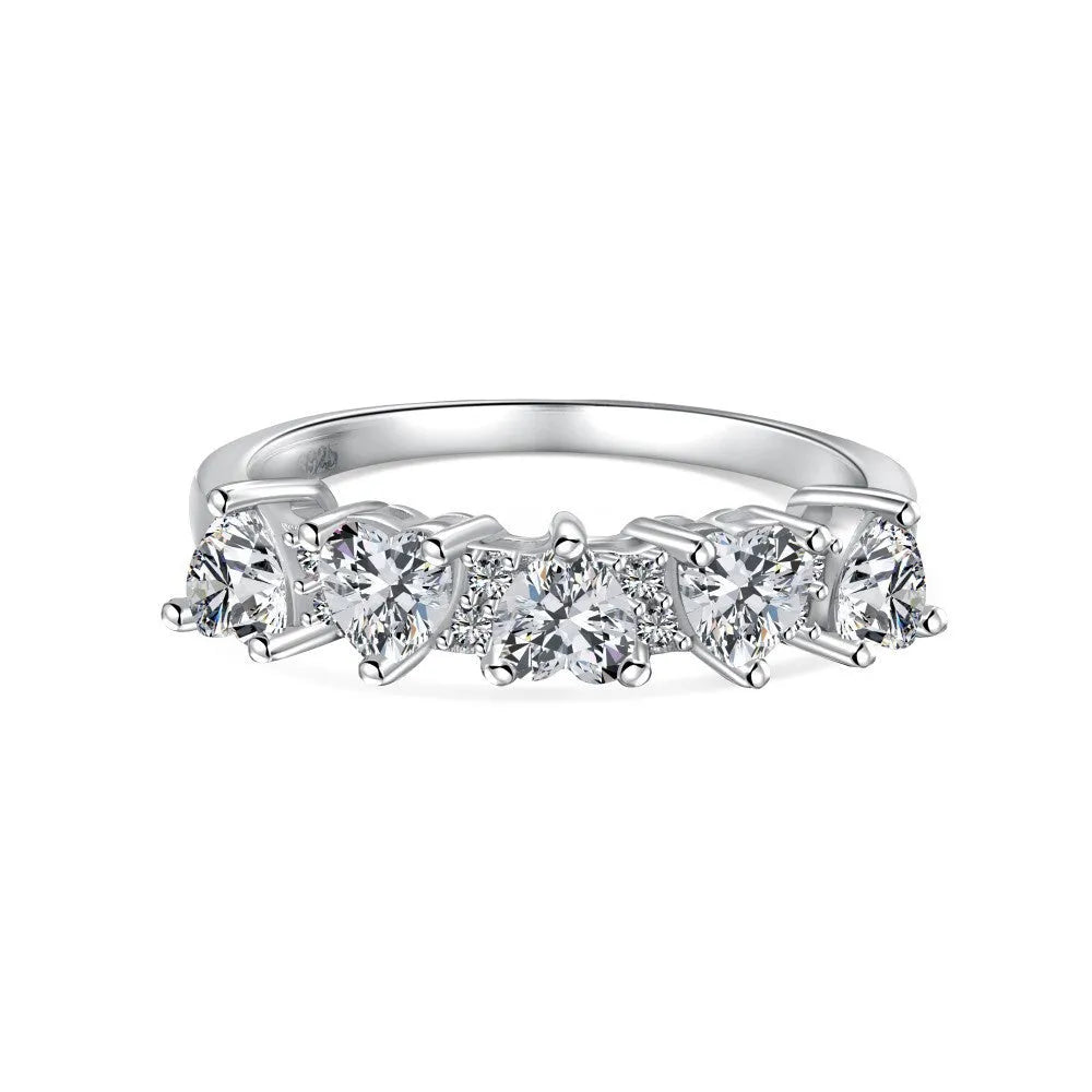 Sterling silver zircon rhinestone ring with adjustable open band in heart, wave, U-shape, drop and geometric designs