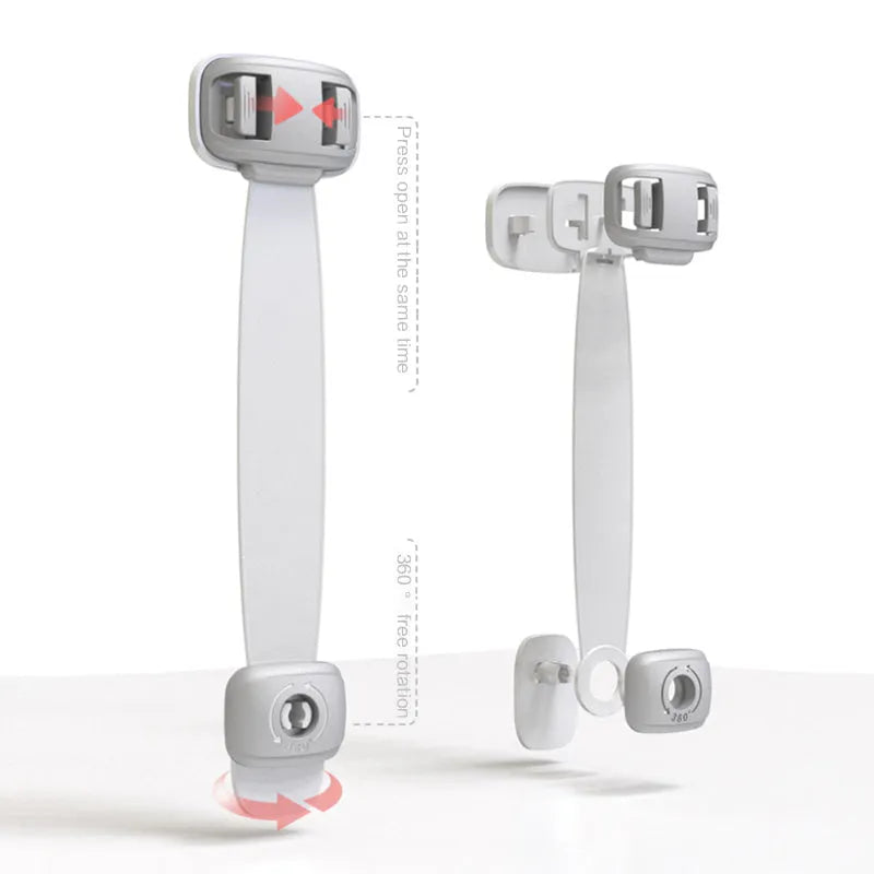 Grey adjustable child safety lock strap with 3M adhesive, shown securing a cabinet door.