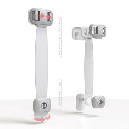 Grey adjustable child safety lock strap with 3M adhesive, shown securing a cabinet door.