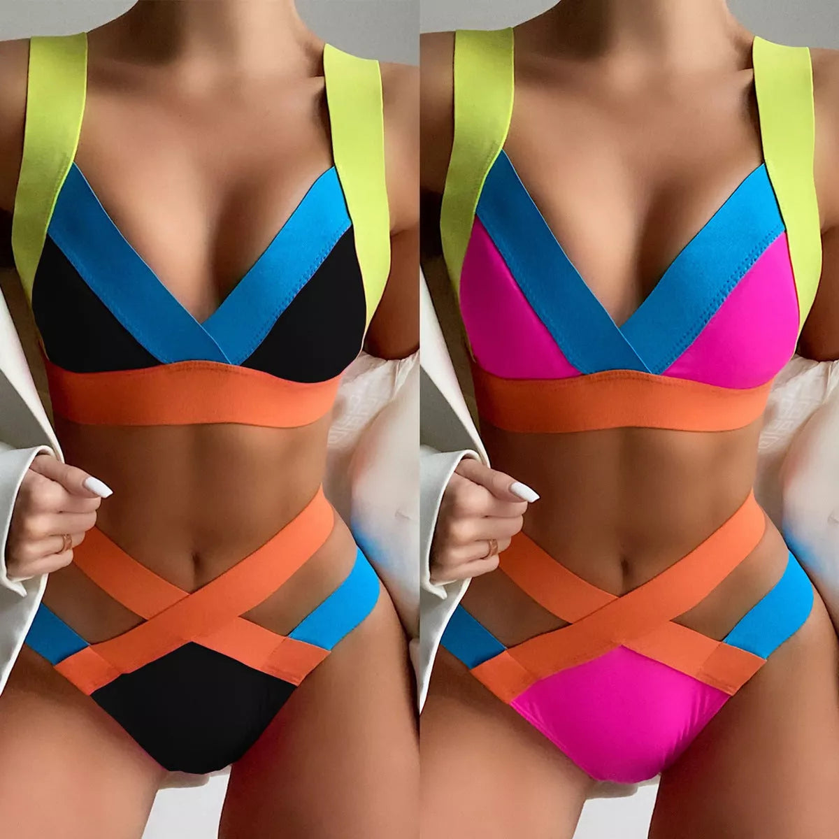 Ladies Colorful Bandage Bikini Triangle Bag Swimsuit in black and red
