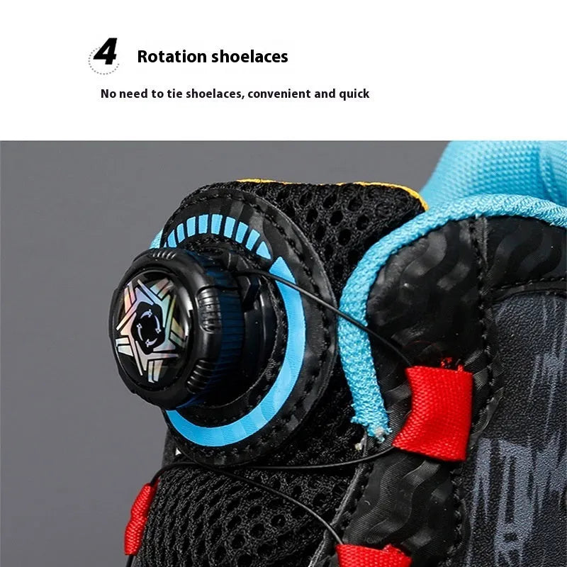 Children's rotating button running shoes in black with PU sole and synthetic leather upper, showing button closure mechanism