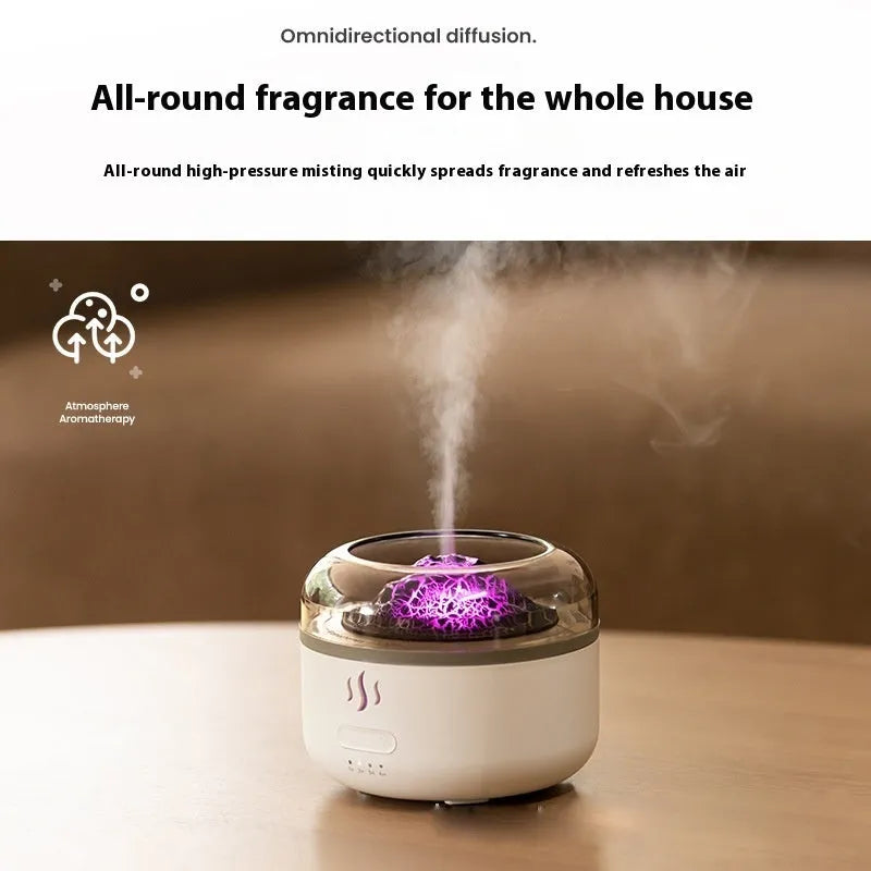 Milky white round plastic simulation flame aroma diffuser with colourful flame effect and anion function