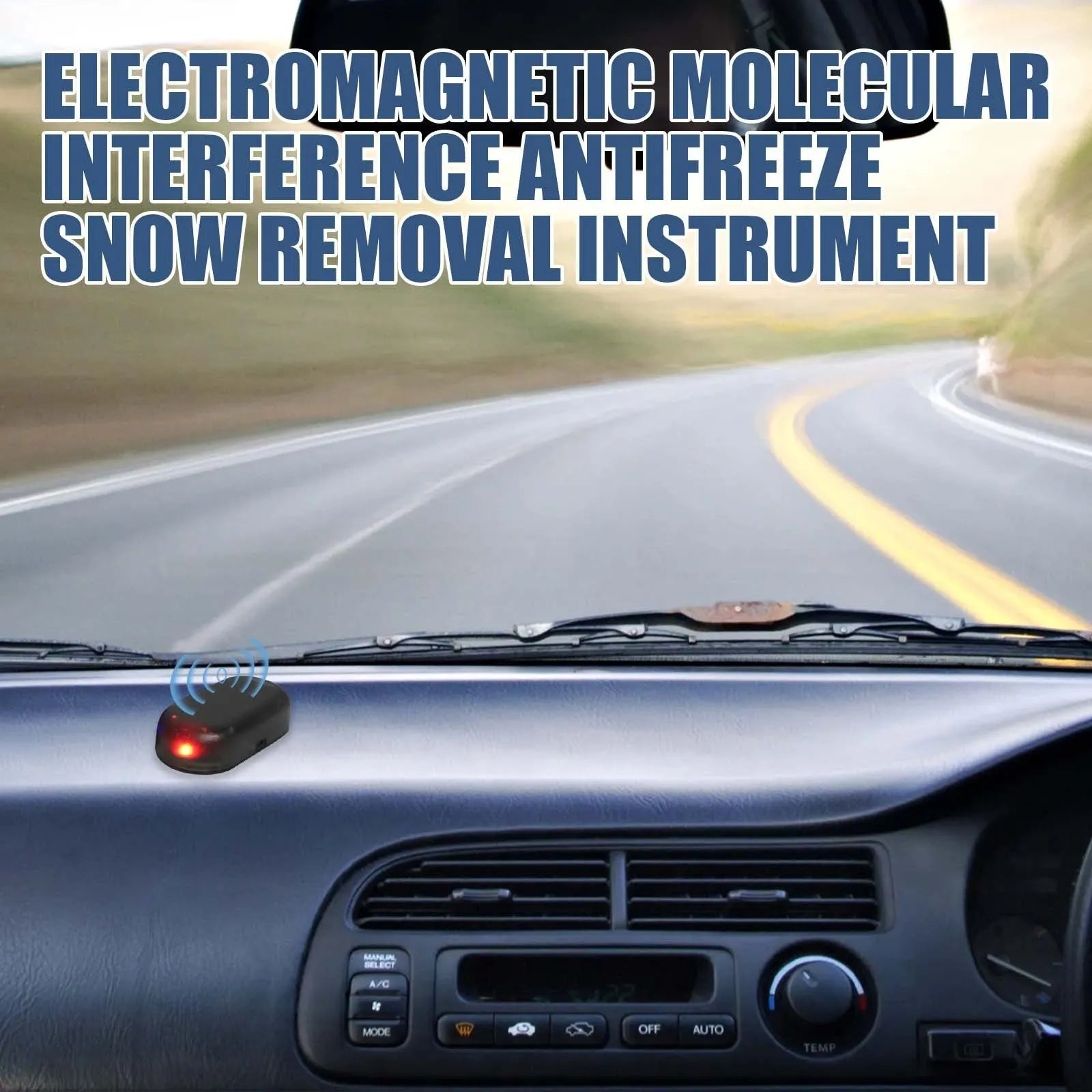 Black car deicer tool for snow removal measuring 5cm long on vehicle dashboard