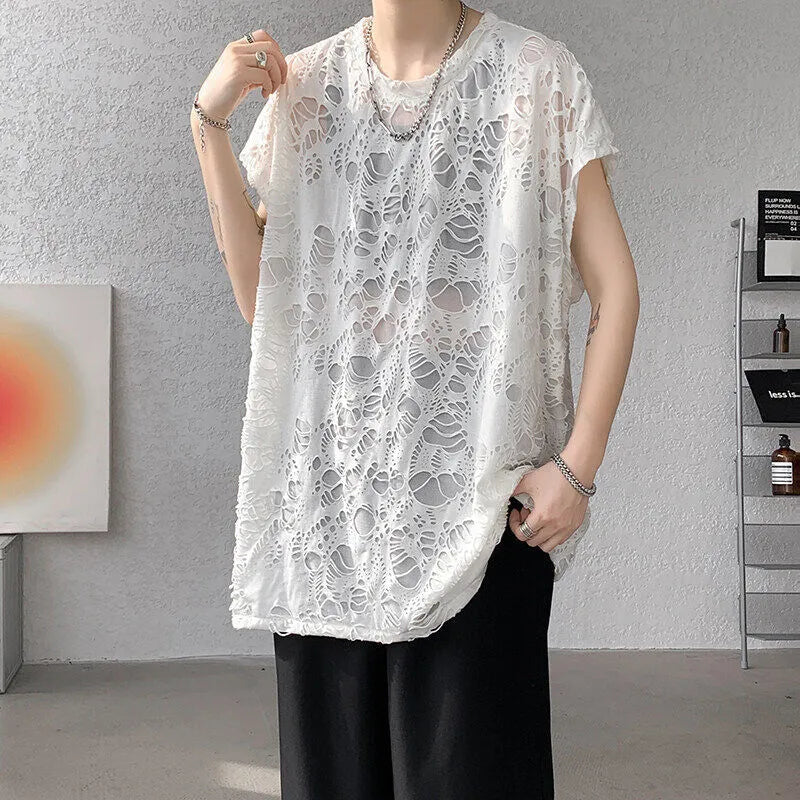 Black sleeveless vest with distressed hole detailing and wide shoulder loose fit