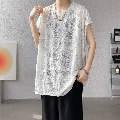 Black sleeveless vest with distressed hole detailing and wide shoulder loose fit