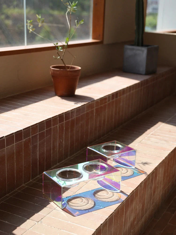 Dazzling holographic acrylic pet bowl for small dogs and cats with anti-slip base