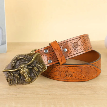 Men's brown imitation leather belt with an embossed alloy cow head pin buckle fastened on trousers.