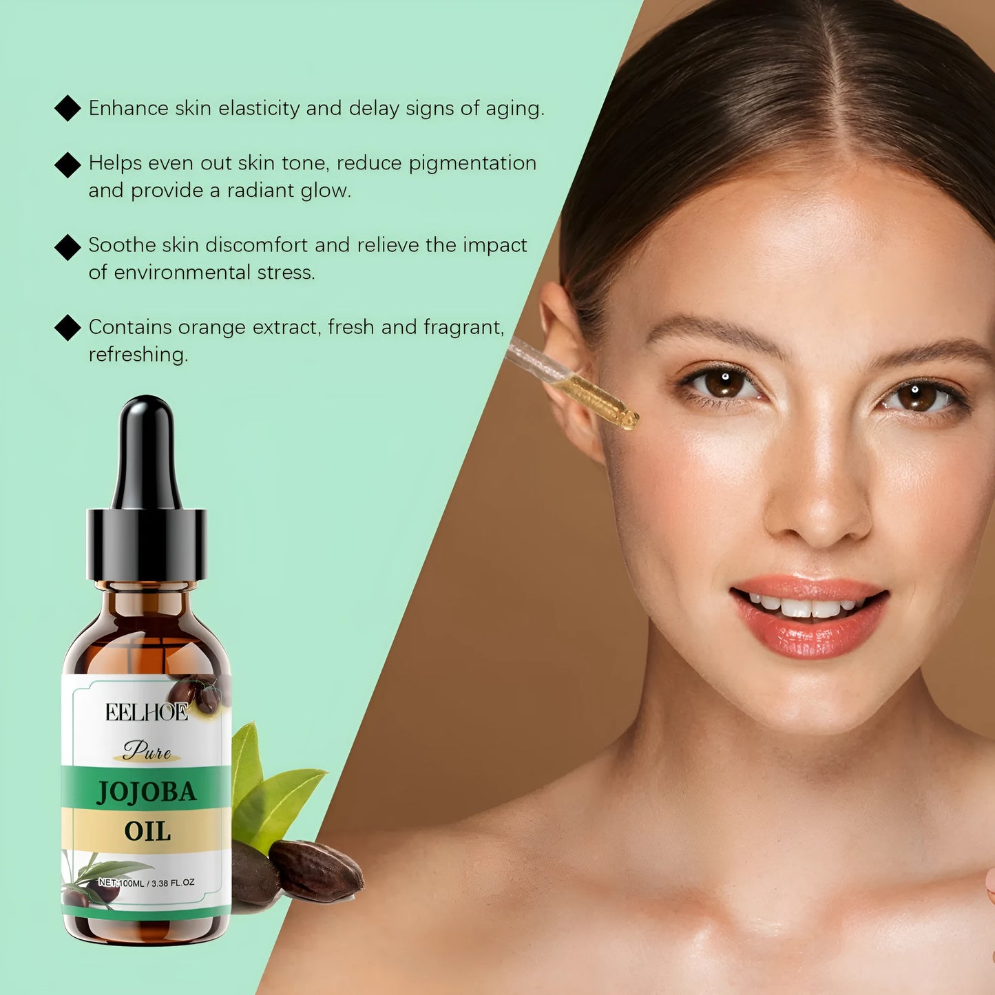 100ml bottle of organic jojoba facial oil with orange extract and vitamin E