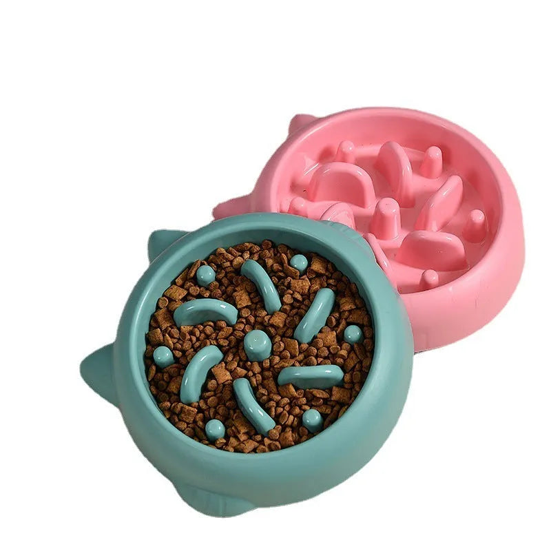 PP plastic slow feeder dog bowl with bone-shaped obstacles in green, pink or orange