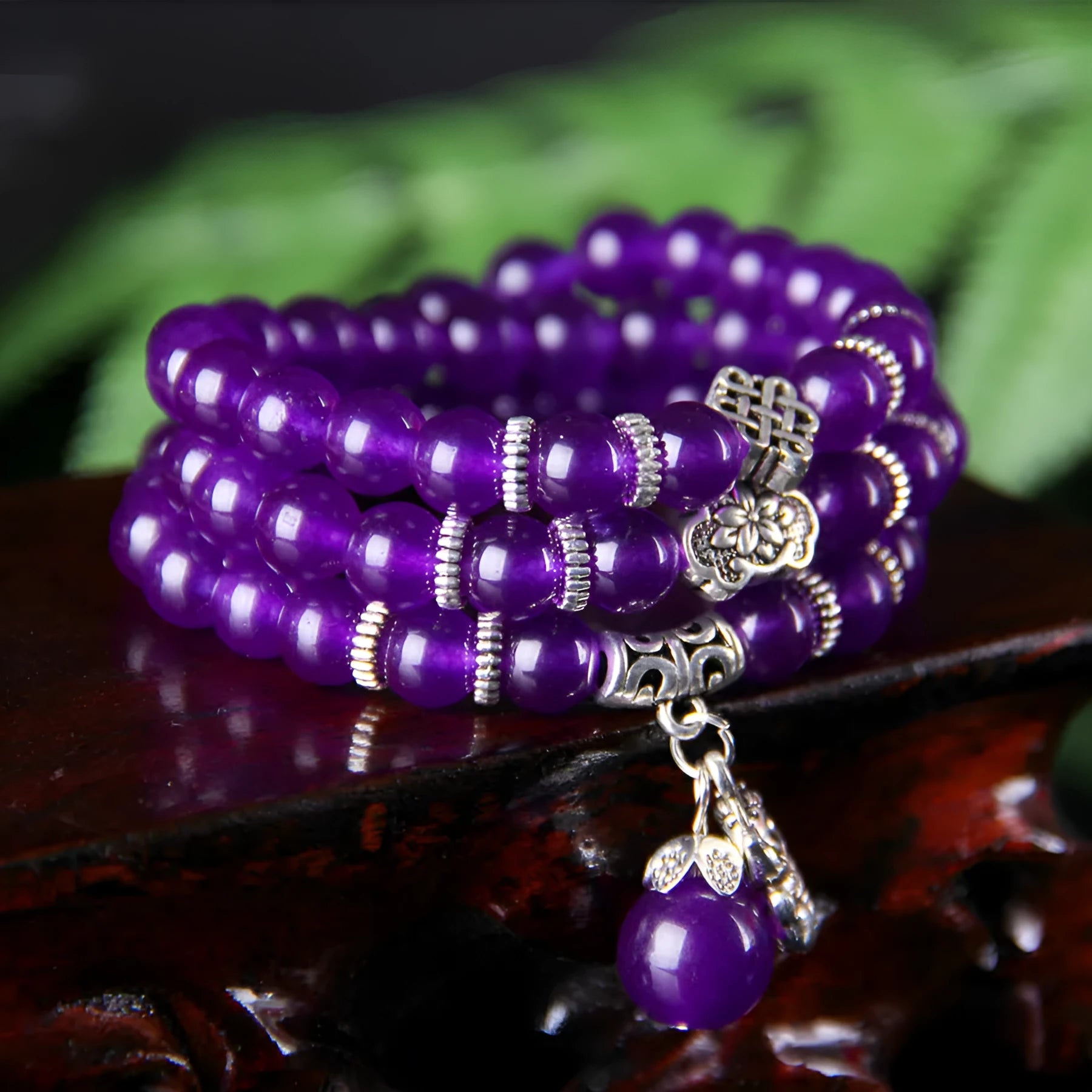 Purple chalcedony natural crystal bracelet with three-circle ethnic design on elastic cord