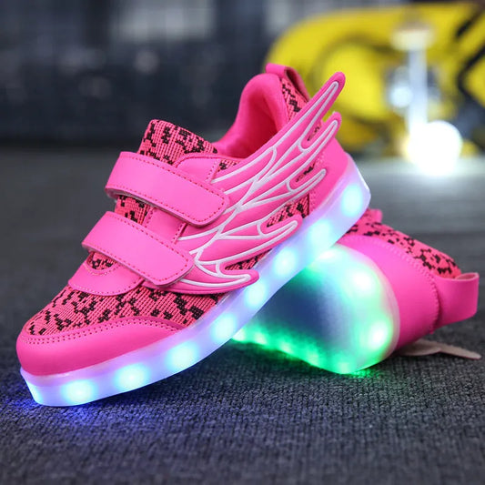 Children's LED light-up sneakers with USB charging port, available in plum red and white colours
