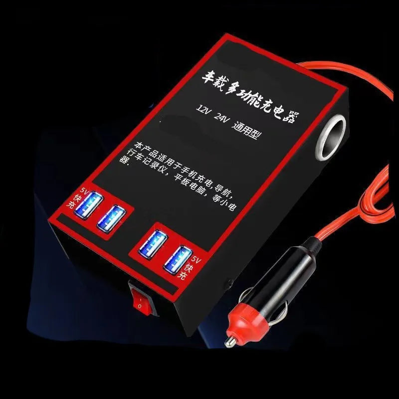 Black 12V 24V to 220V automotive power converter with AC socket and USB charging ports.