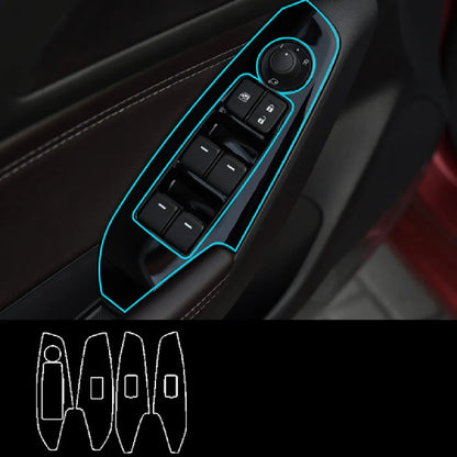 TPU protective film set for car door control panels in transparent, carbon fibre black, and matte black finishes
