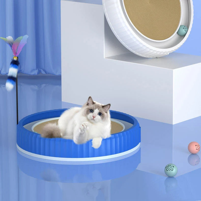 Round cat scratching board with removable pad and toy bell ball in navy blue
