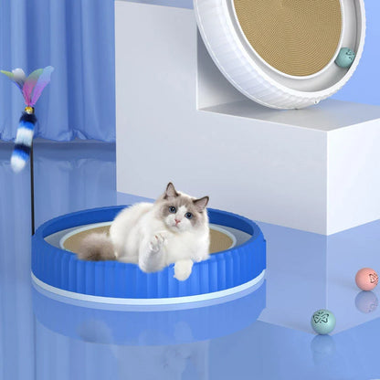 Round cat scratching board with removable pad and toy bell ball in navy blue
