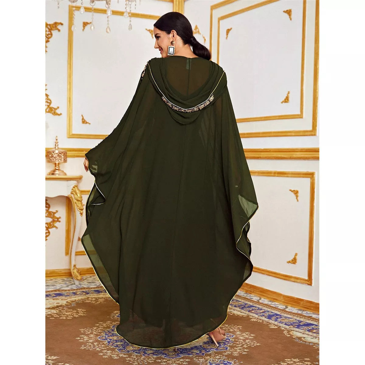 Loose Muslim robe dress in chiffon fabric, available in green, black, red, dark red, and blue.