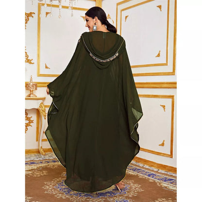Loose Muslim robe dress in chiffon fabric, available in green, black, red, dark red, and blue.