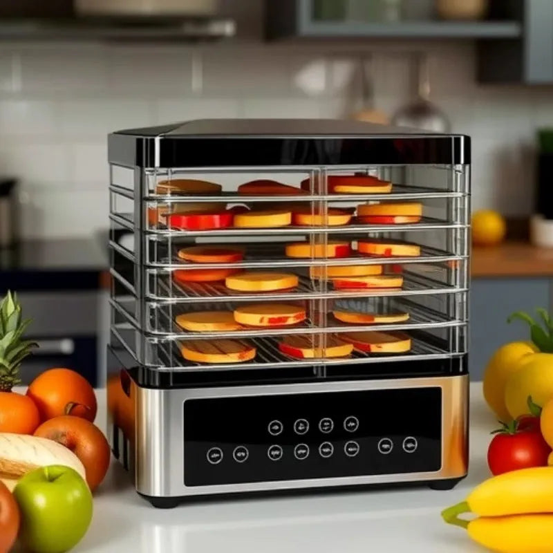 Silver stainless steel fruit dehydrator with multiple drying trays and digital temperature control display