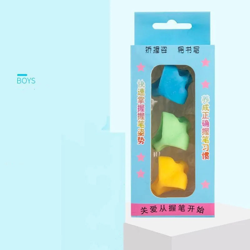 Children's adjustable pencil grip orthosis showing finger placement on writing instrument