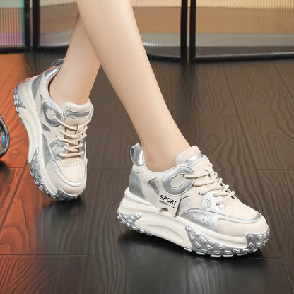 Thick-soled leather sports casual shoes with wedge heel in silver, carmine, black coffee, and black and white colours, front lace-up design