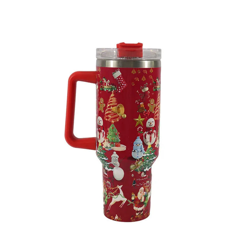 Stainless steel travel tumbler with handle, 1200ml capacity, Christmas pattern design, car cup holder compatible