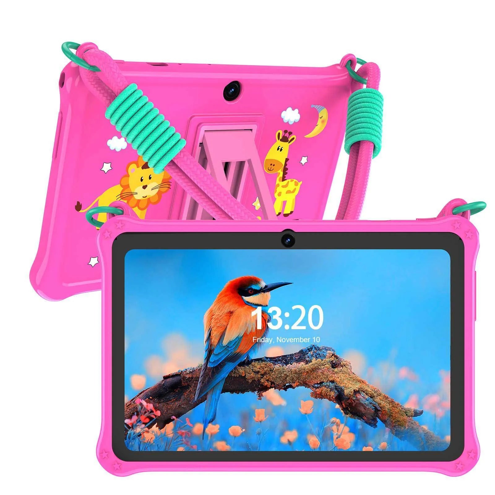 7-inch children's tablet silicone protective case in dark pink or sapphire blue with flat strap and screen protector