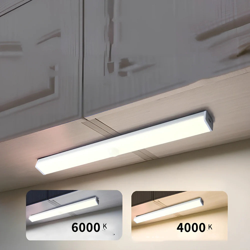 LED sensor light bar showing motion detection range and multiple size options from 9cm to 52cm