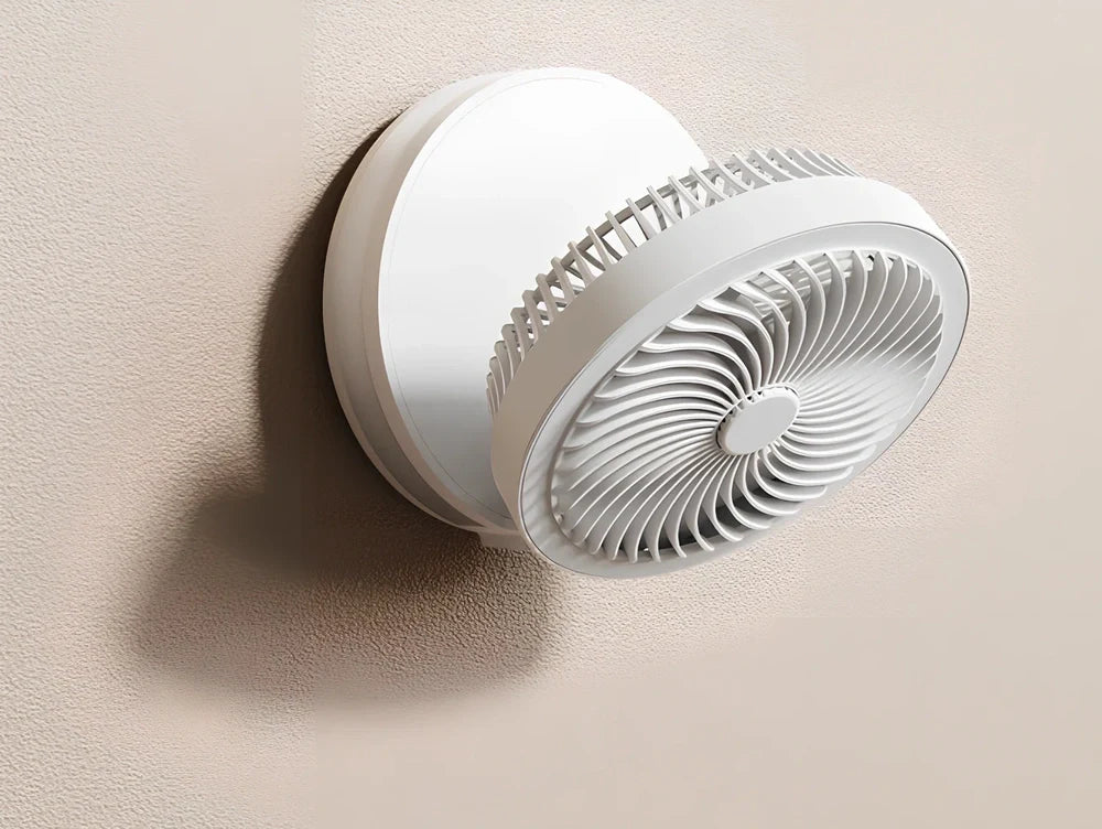 Black portable desk electric fan with foldable base, LED display, and hanging hook for versatile placement