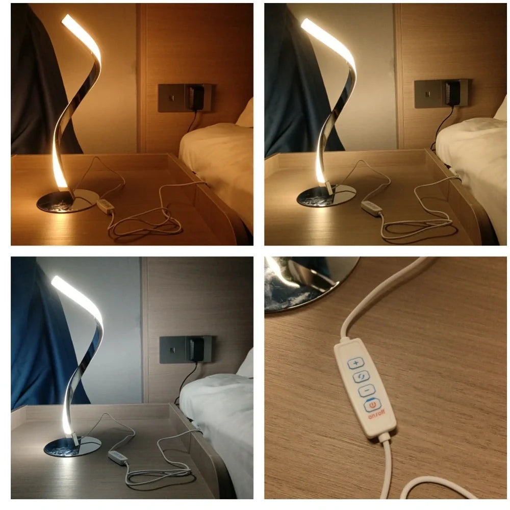 Spiral snake bedside table lamp in black with 390mm height, 140mm base, and three-colour dimming on UK plug