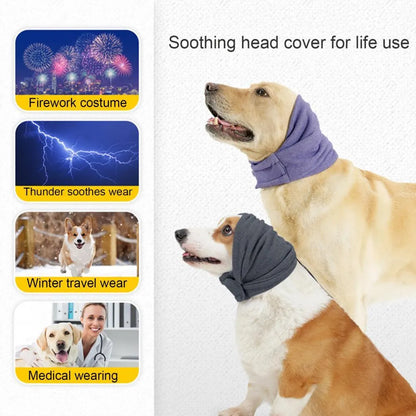 Black dog calming hoodie head wrap covering ears, shown on a dog as a hood and neck scarf.