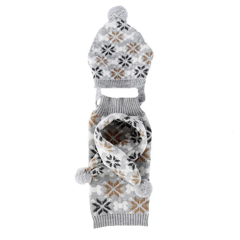 Grey Japanese-style retro jacquard pet sweater, hat and scarf set on a small dog model.