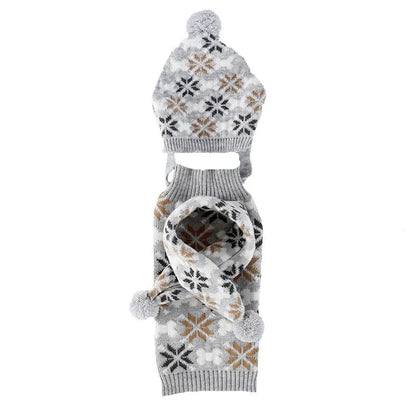 Grey Japanese-style retro jacquard pet sweater, hat and scarf set on a small dog model.