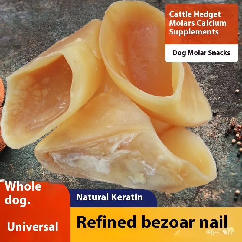 Natural cowhide dog grinding rod with hoof shell colour containing edible cutin, shown in small and large size options