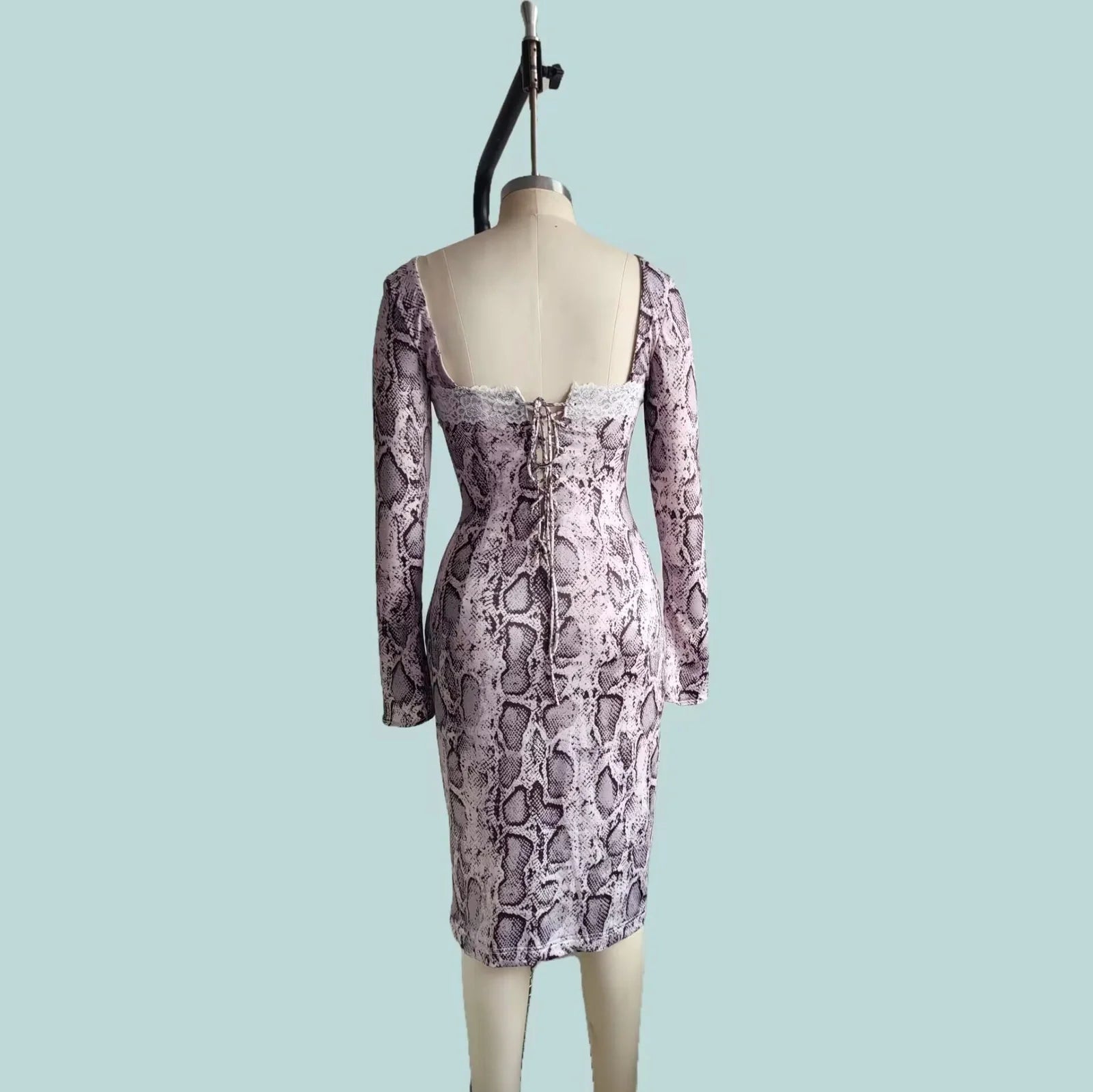 Grey digital printed lace dress with 3D pattern, A-line skirt, and long sleeves in slim fit silhouette