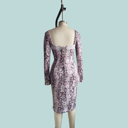 Grey digital printed lace dress with 3D pattern, A-line skirt, and long sleeves in slim fit silhouette