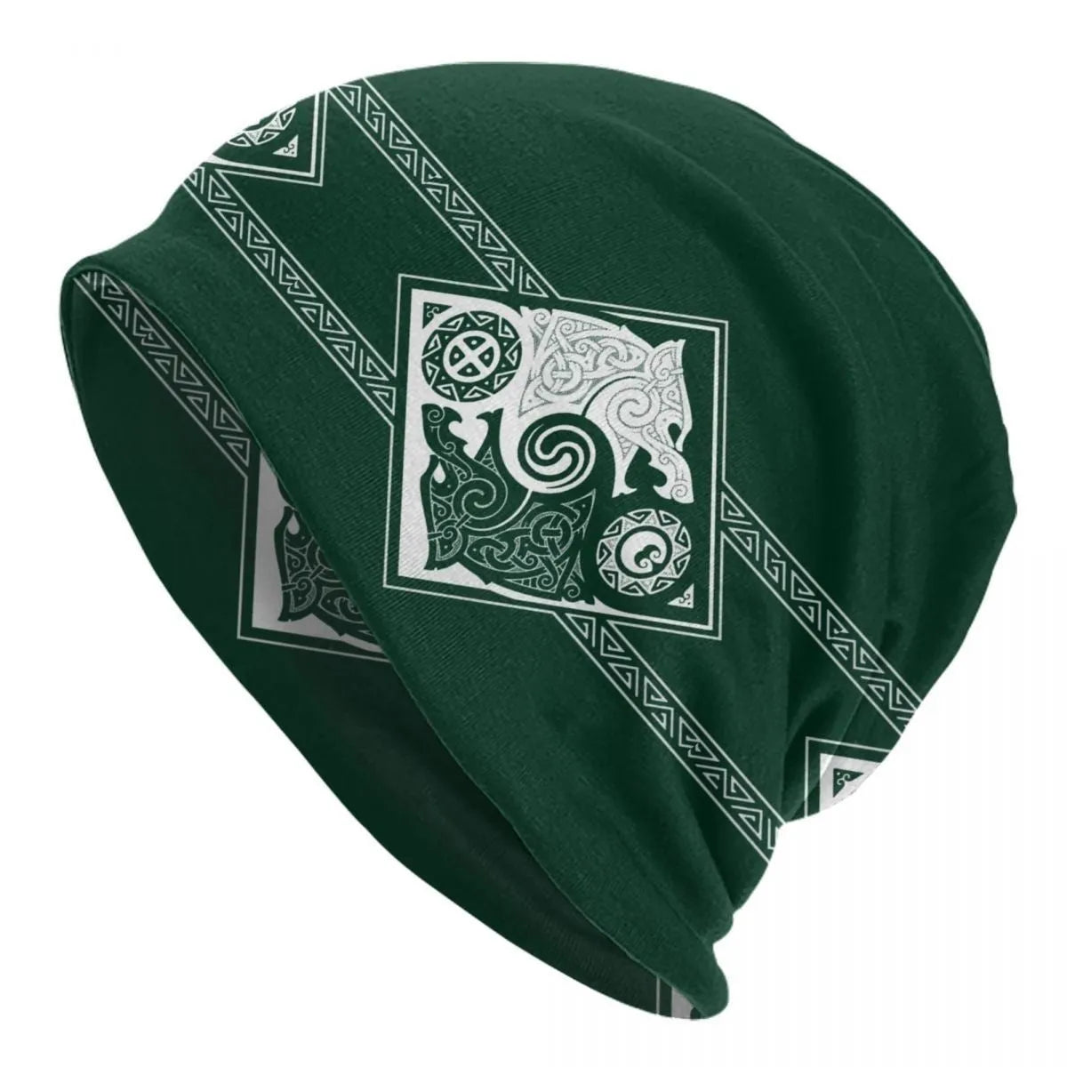 A black cotton hat with a white Viking wolf graphic and an elasticated sleeve cap construction.