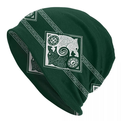 A black cotton hat with a white Viking wolf graphic and an elasticated sleeve cap construction.