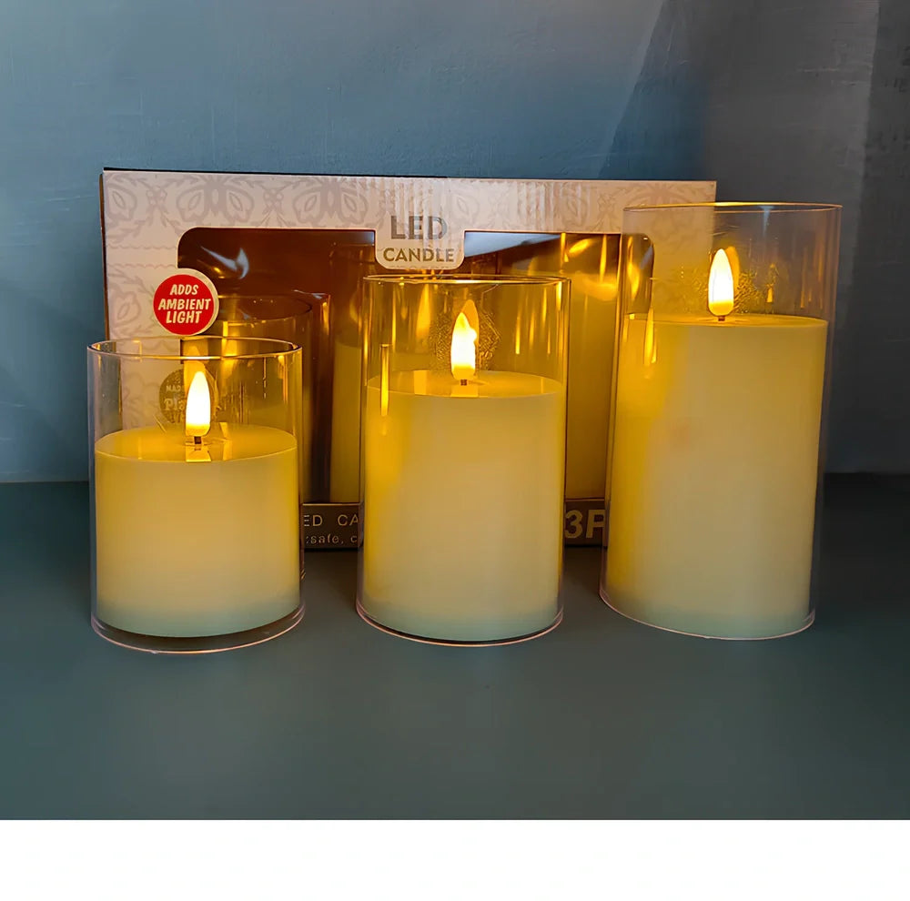 Electric candle lamp with LED flame simulation in cup design, available in 5.5cm and 7.5cm sizes