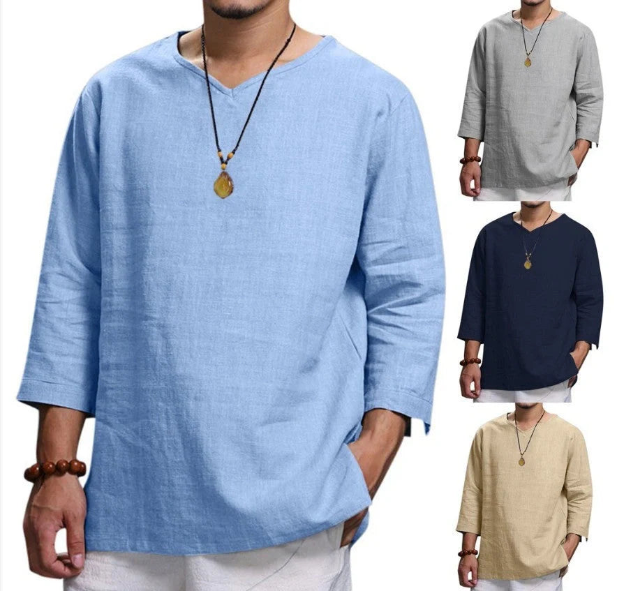 Men's loose V-neck cotton linen long sleeve shirt in various colors