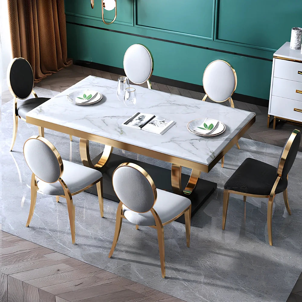 Modern slate dining table with marble finish and metal frame, rectangular shape with choice of pineapple or round-back chairs