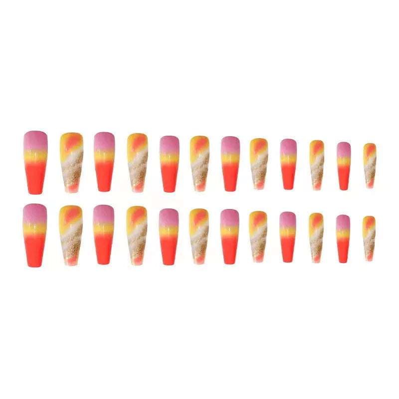Rainbow gradient fake nails with marble pattern, long and pointed design