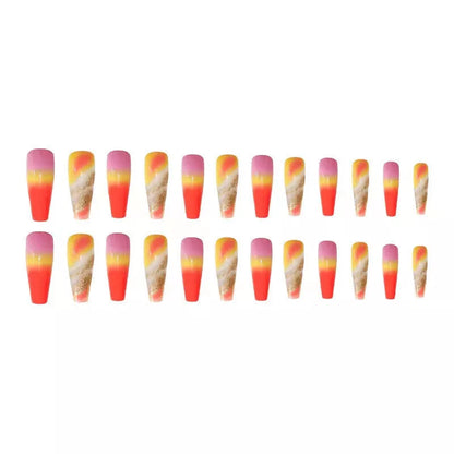 Rainbow gradient fake nails with marble pattern, long and pointed design