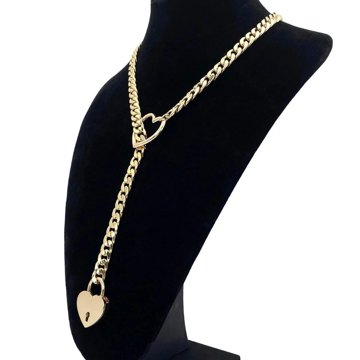 Adjustable heart-shaped O-ring slip chain necklace in black, silver, and gold