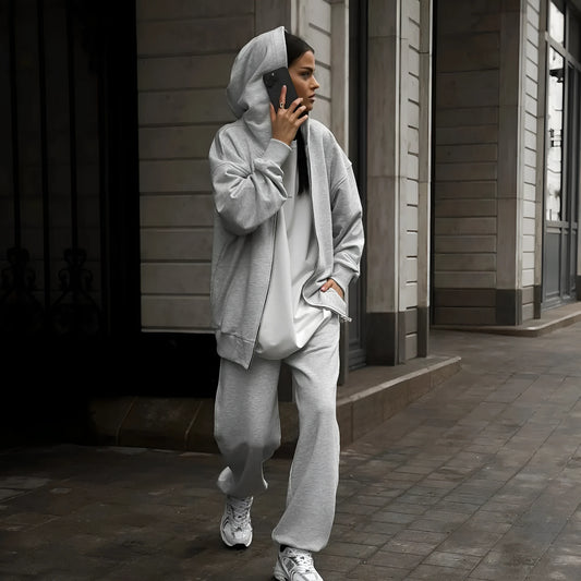 Street style long-sleeved coat and trousers two-piece set in loose fit