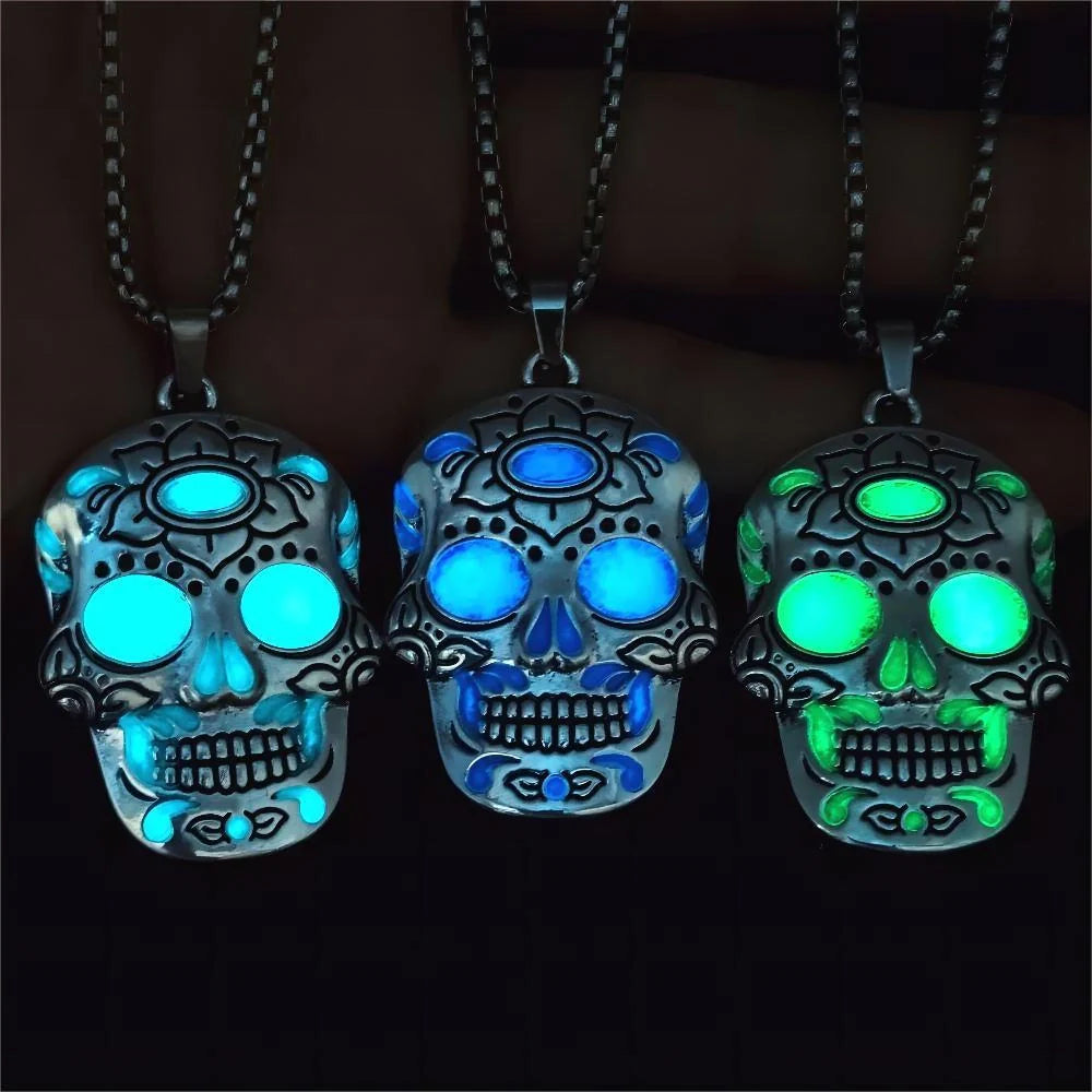 Glowing Halloween skull necklace with intricate Day of the Dead lotus pattern and vibrant color options